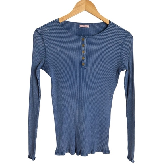 Udel Blue Washed Denim Ribbed Long Sleeve Henley Tee Shirt Womans Small Slim Fit - Picture 2 of 6